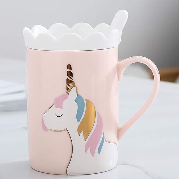 Coffee Mug With Lid And Spoon - Unicorn - Ceramic - Single Piece