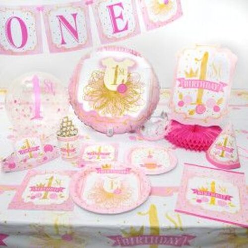 Paper Plates - First Birthday - Pink And Gold - Set Of 8