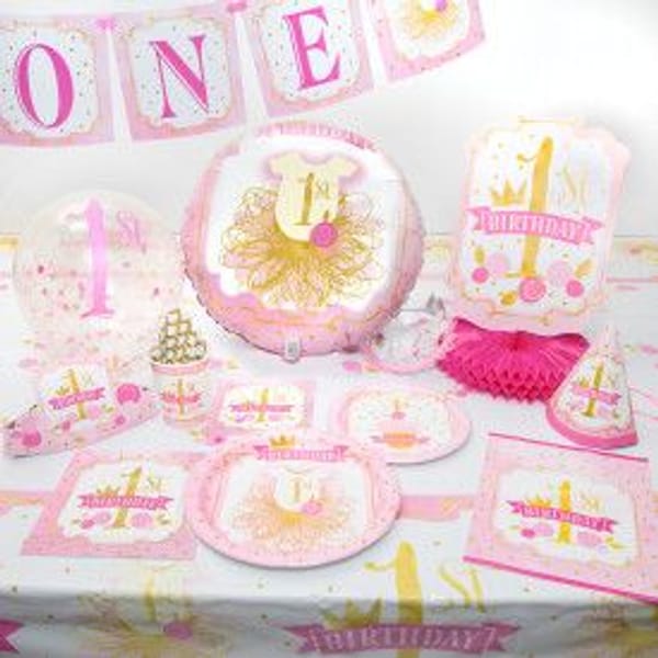 Paper Plates - First Birthday - Pink And Gold - Set Of 8 Paper Plates - First Birthday - Pink And Gold - Set Of 8